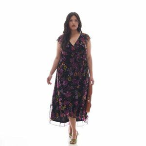 Addition Elle Floral Ruffled Mesh Midi Dress Size 2x